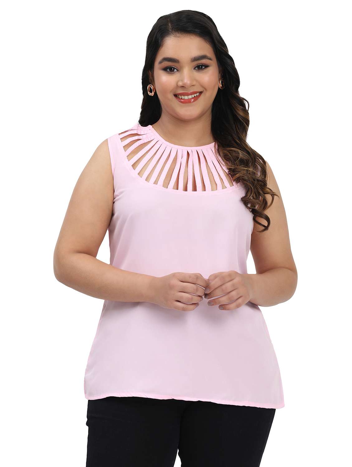 women solid sleeveless round neck top