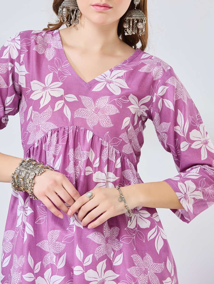 women printed v neck flared kurti - 22502143 -  Standard Image - 1