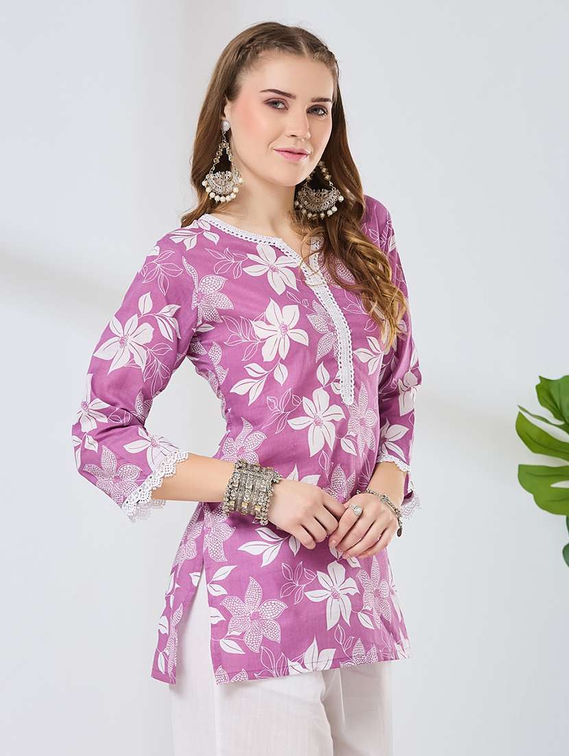 women printed notch neck straight kurti - 22502146 -  Standard Image - 4