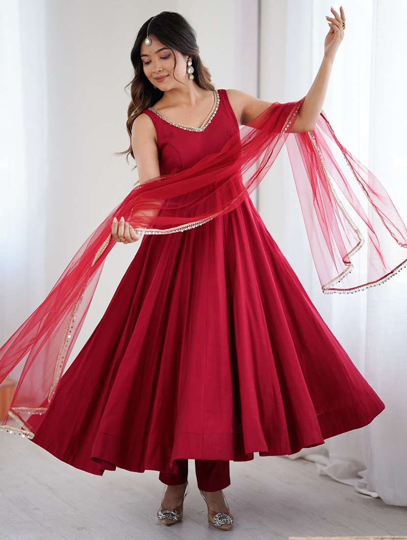 women solid sleeveless anarkali suit set