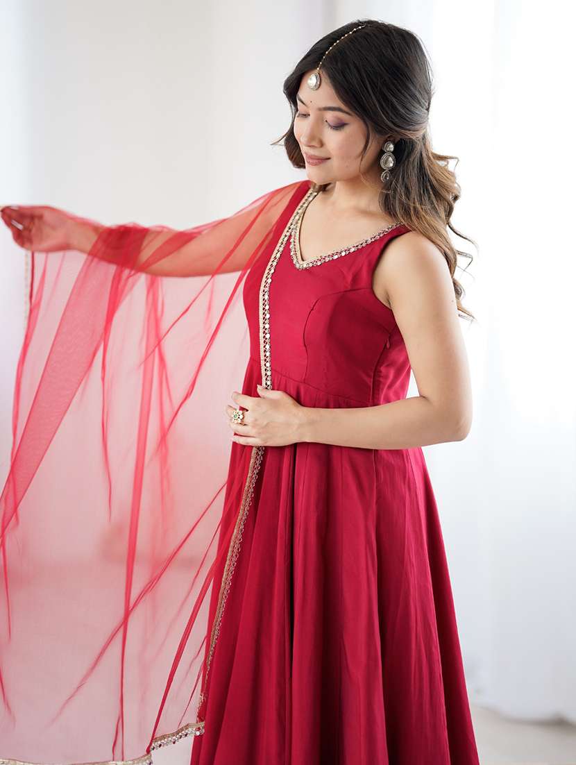 women solid sleeveless anarkali suit set - 22502148 -  Standard Image - 1
