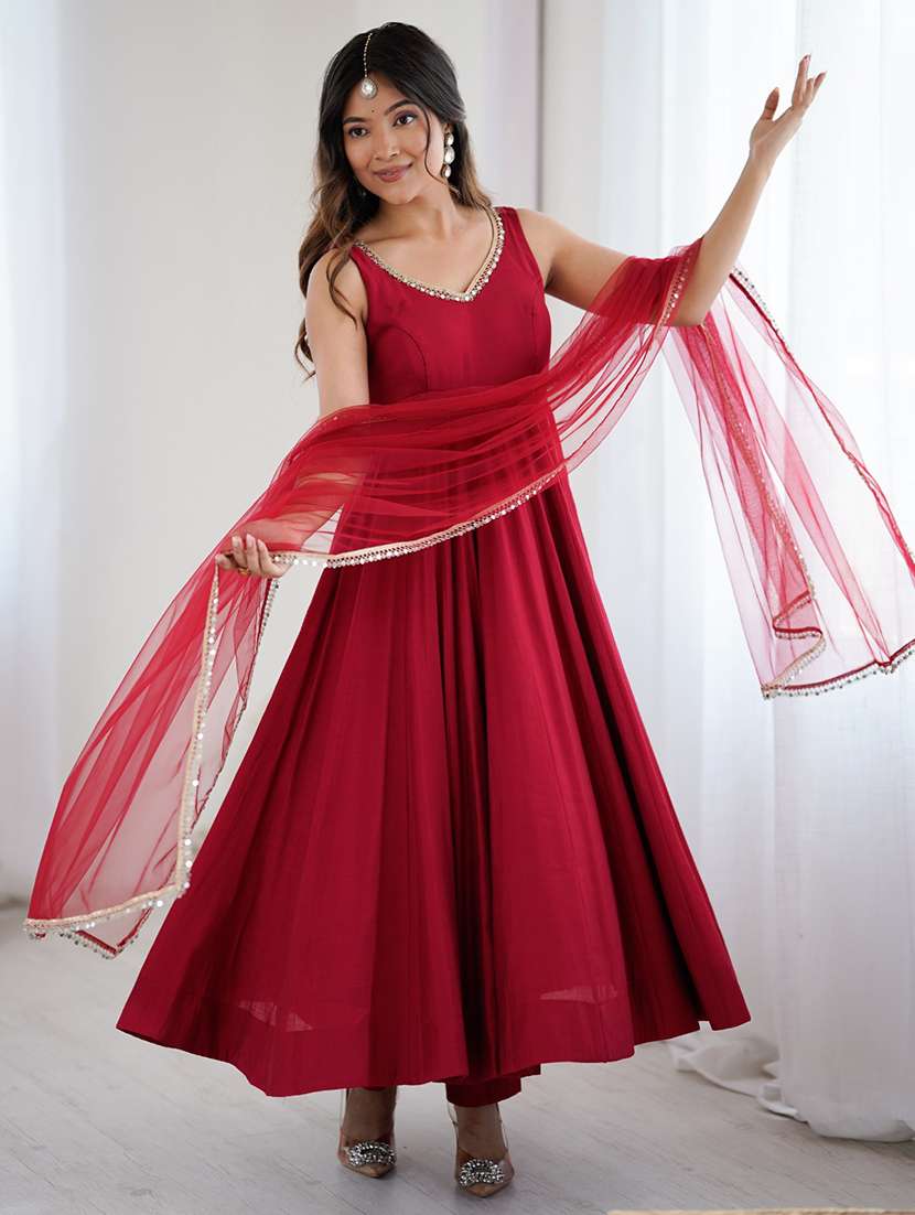 women solid sleeveless anarkali suit set - 22502148 -  Standard Image - 4