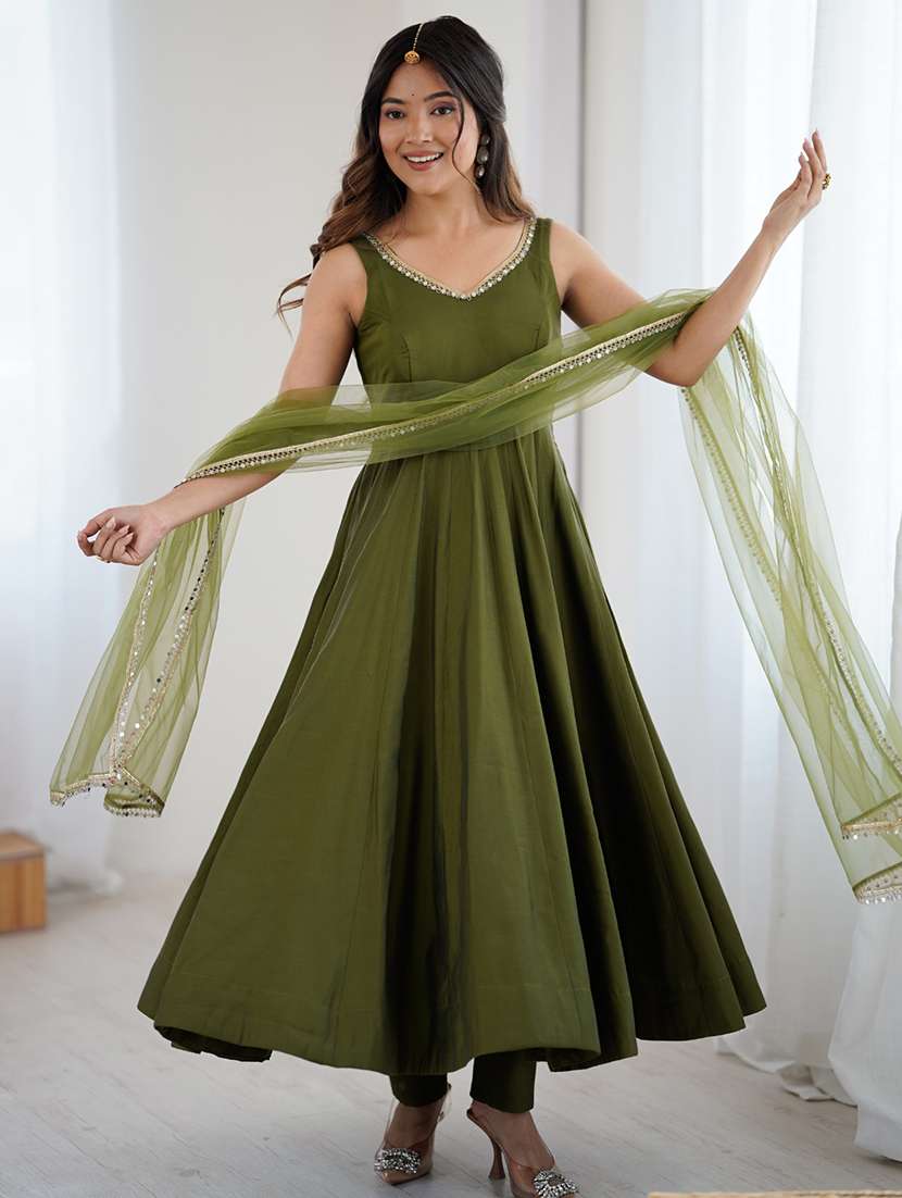 green silk anarkali suit with dupatta and pants
