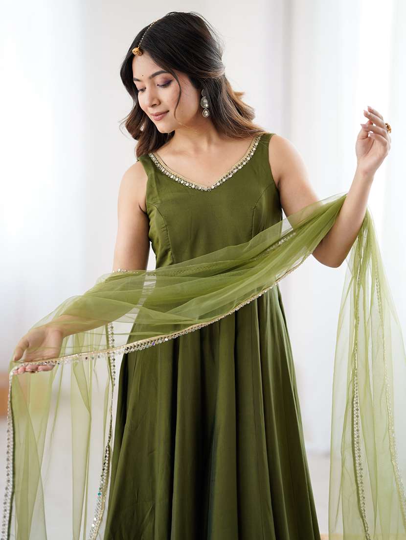 green silk anarkali suit with dupatta and pants - 22502149 -  Standard Image - 1
