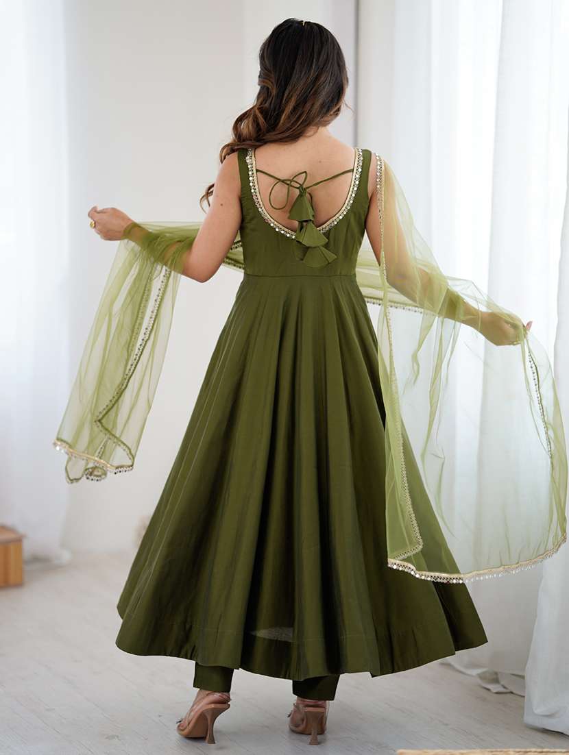 green silk anarkali suit with dupatta and pants - 22502149 -  Standard Image - 4
