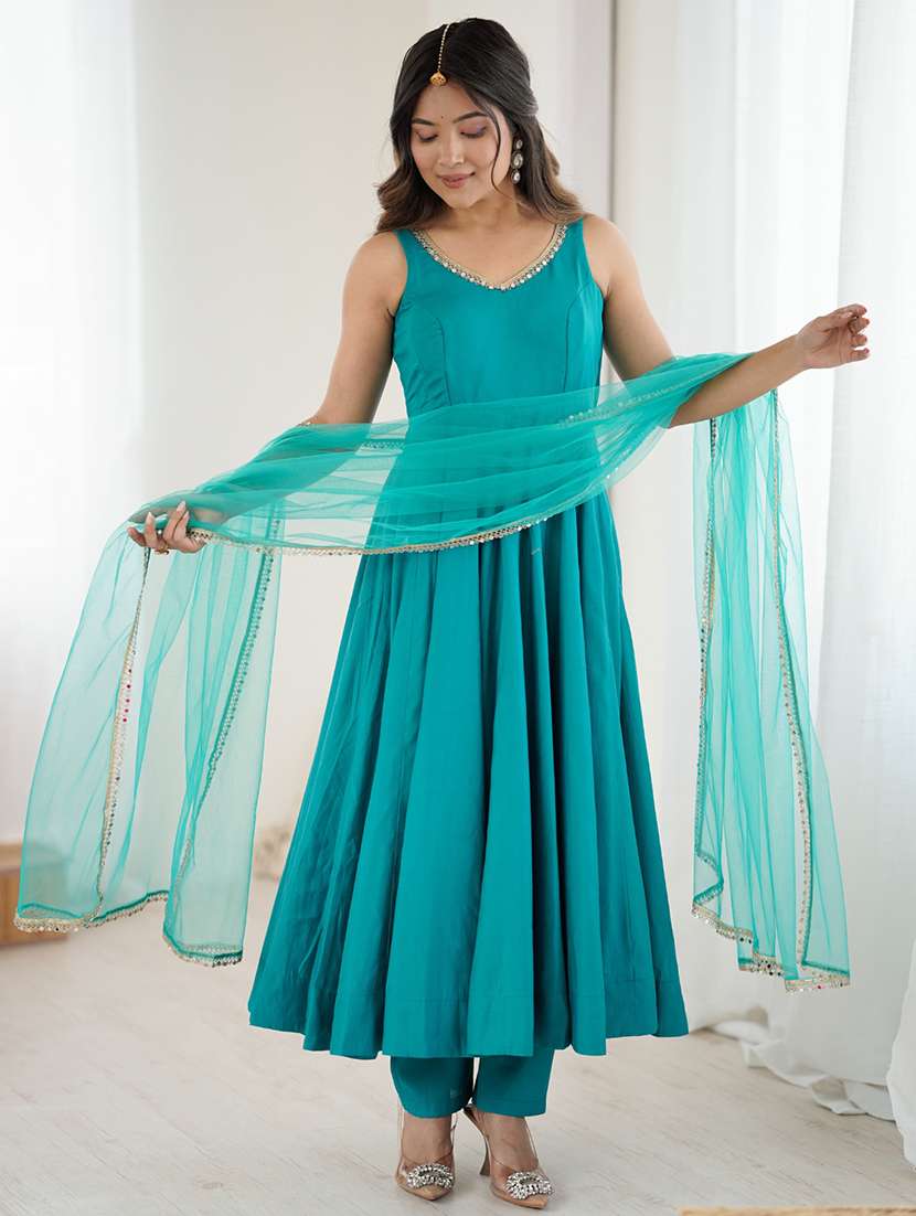 women solid sleeveless anarkali suit set