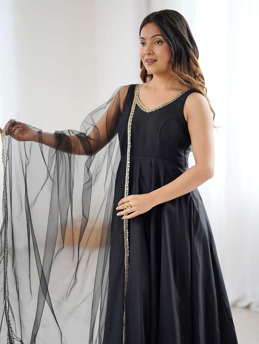 women solid sleeveless anarkali suit set - 22502152 -  Standard Image - 1