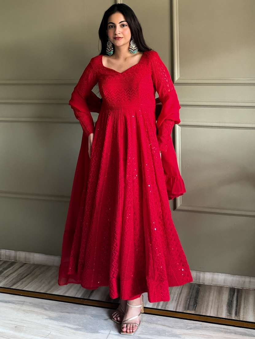 women embroidered long sleeves anarkali suit set