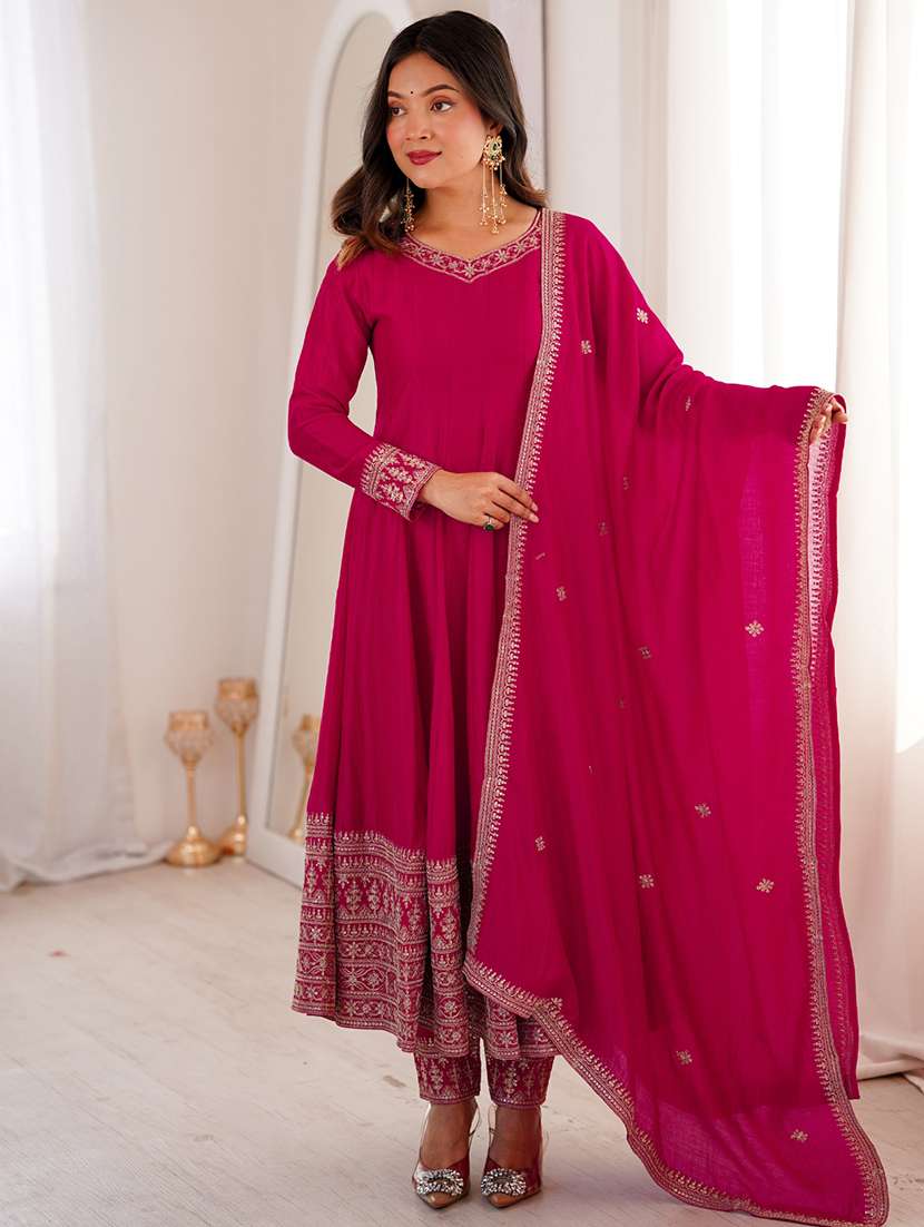 women embroidered long sleeves anarkali suit set