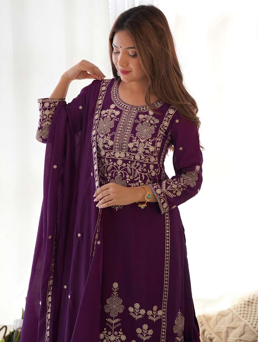 women embroidered round neck kurta and sharara suit set - 22502160 -  Standard Image - 1