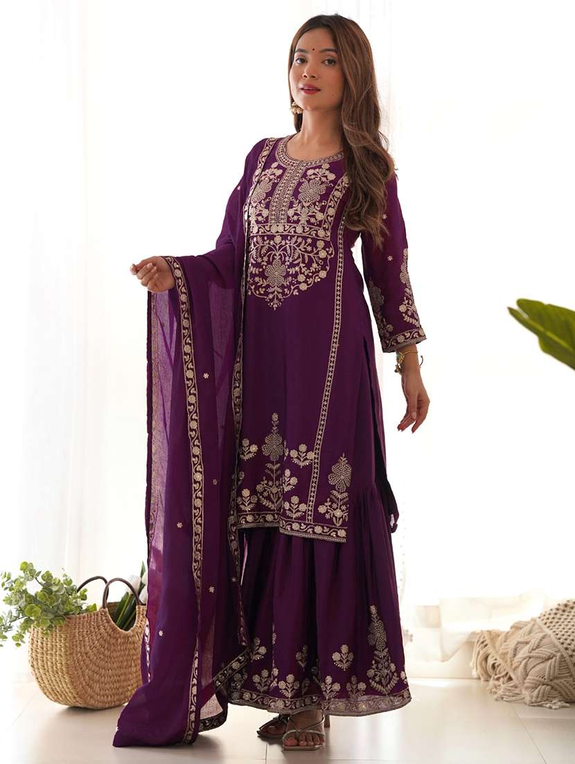 women embroidered round neck kurta and sharara suit set - 22502160 -  Standard Image - 4