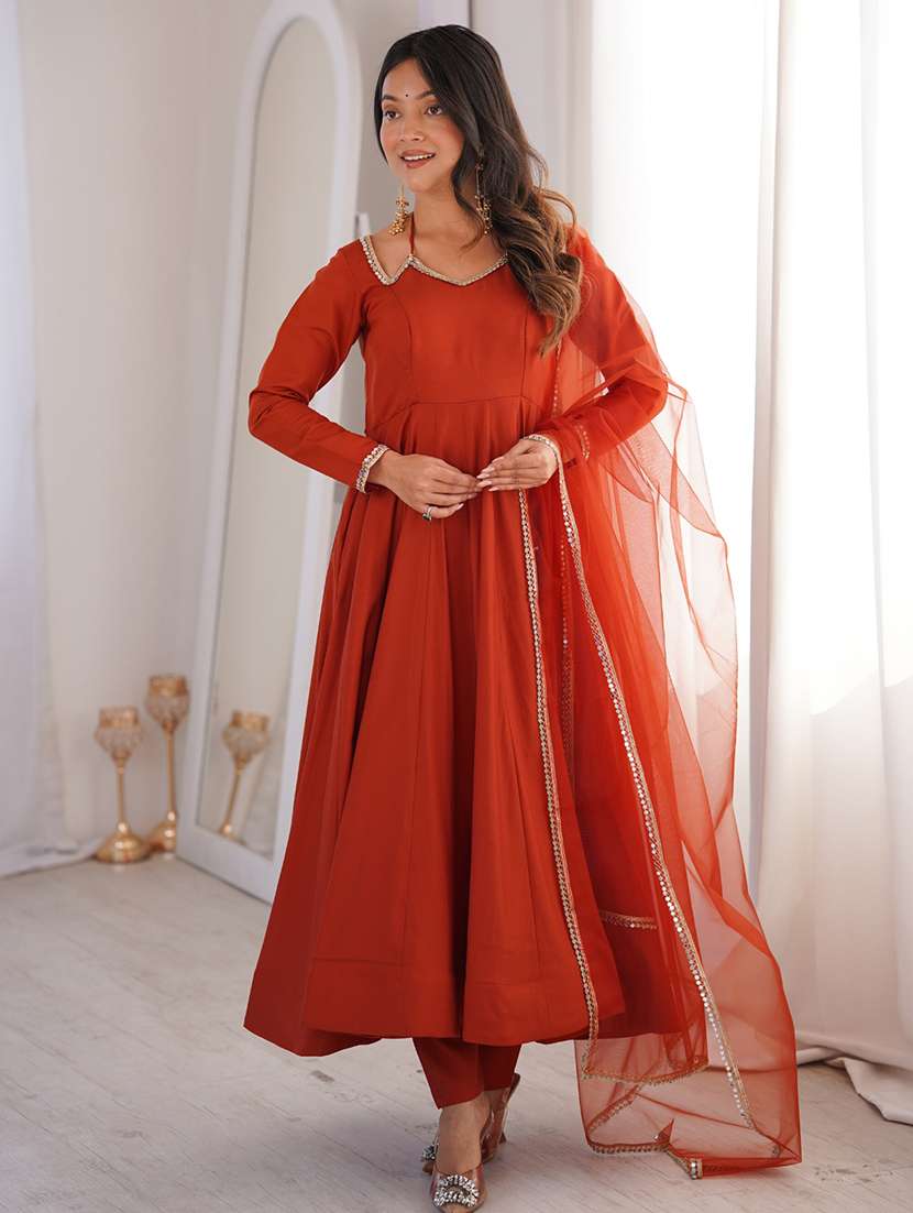 women solid long sleeves anarkali suit set