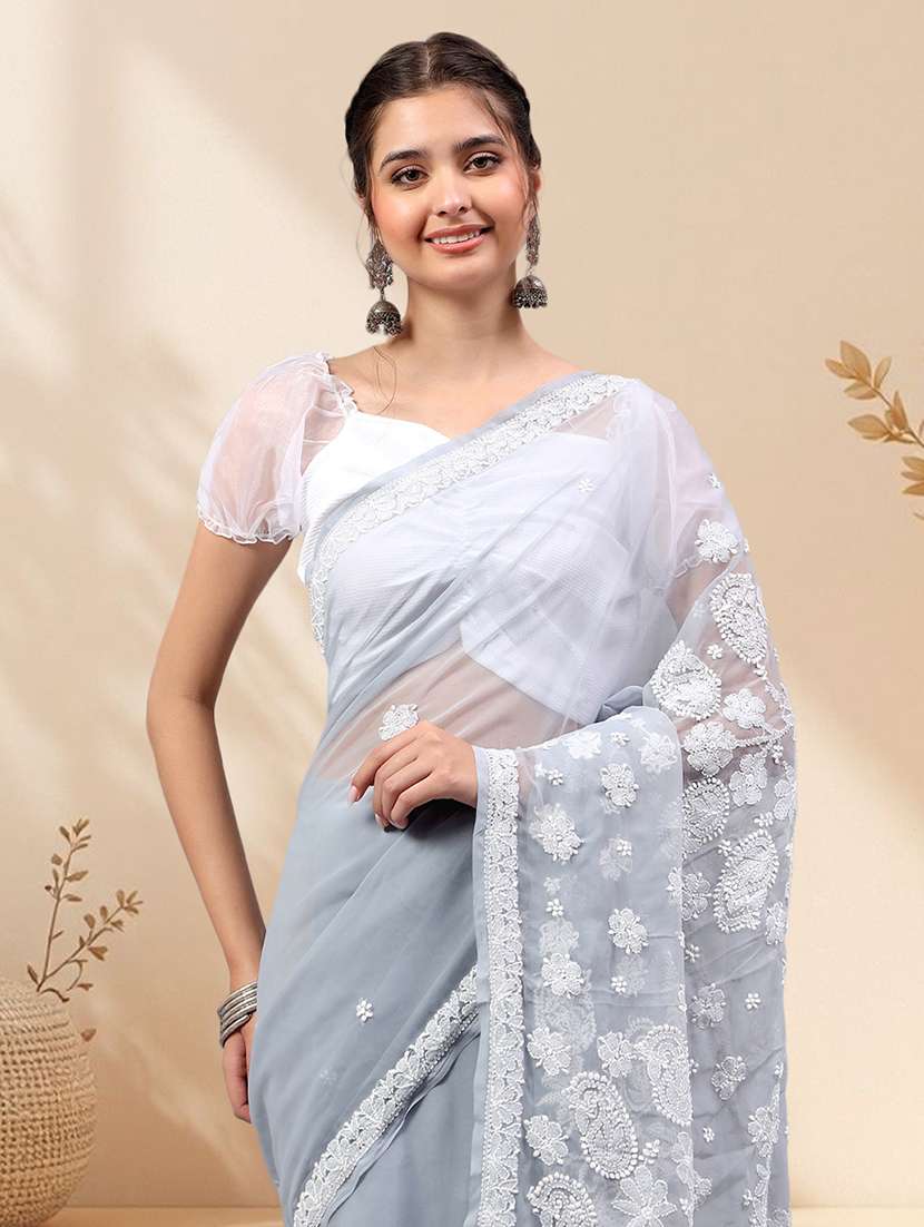 women solid with work chikankari saree with blouse - 22502260 -  Standard Image - 1
