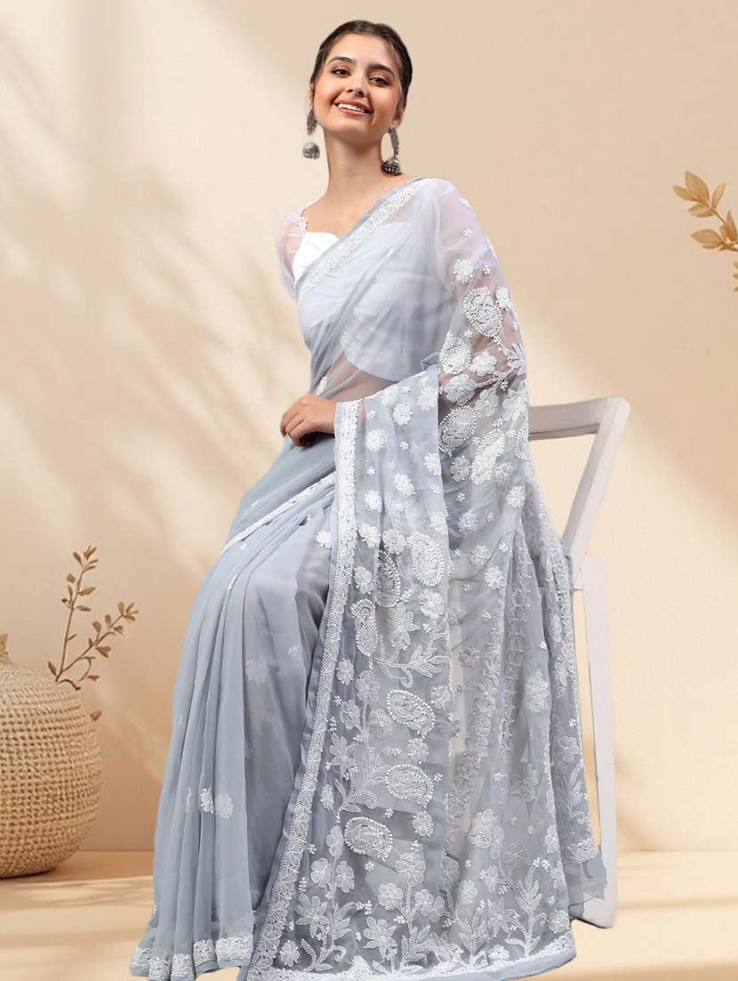 women solid with work chikankari saree with blouse - 22502260 -  Standard Image - 4