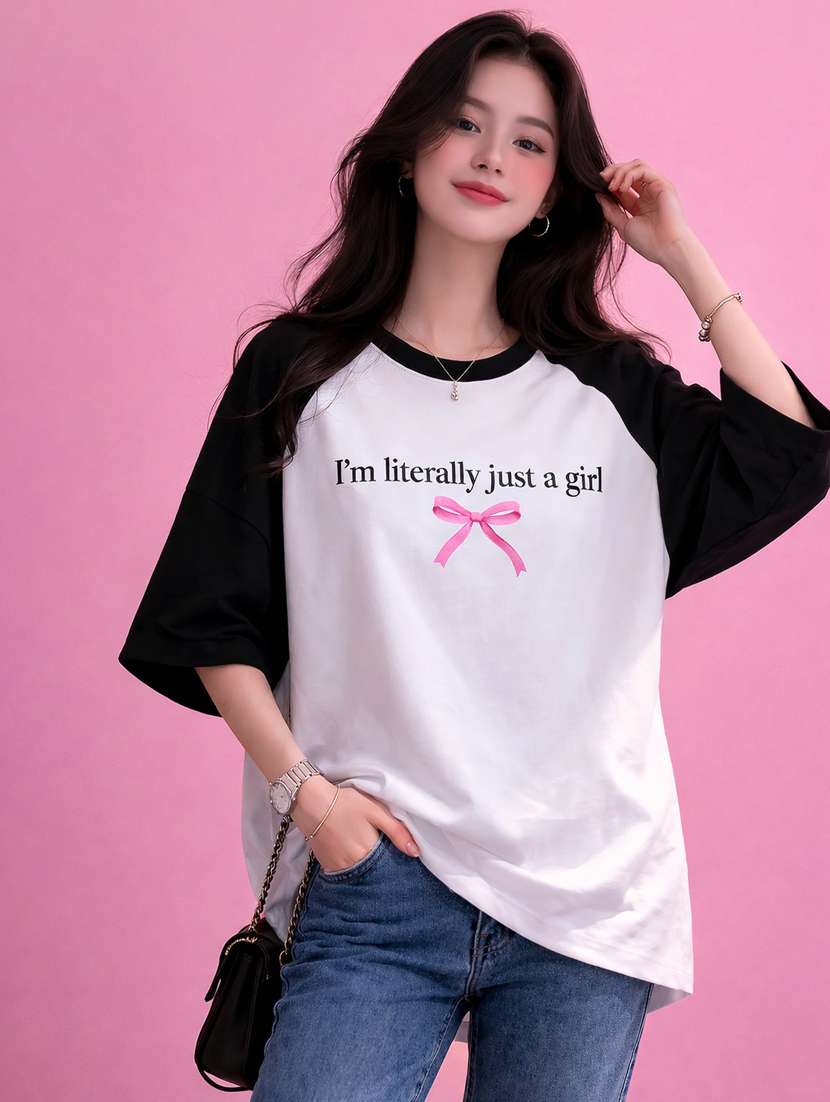 women printed raglan sleeve oversized t-shirt