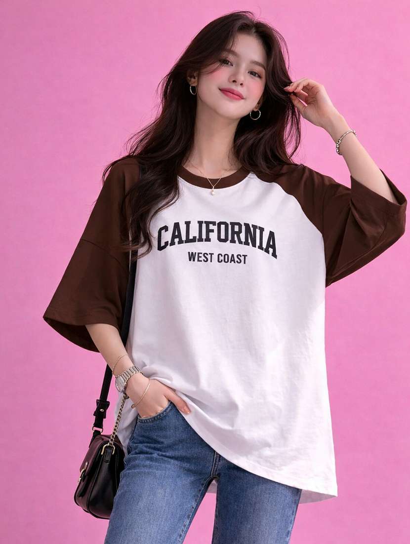 women printed raglan sleeve oversized t-shirt