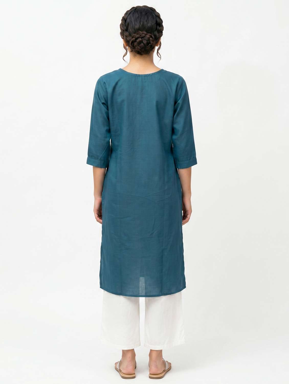 women solid with work three quarter sleeve straight kurta - 22502425 -  Standard Image - 4