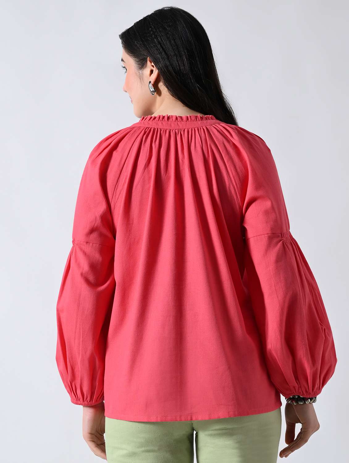 women solid bishop sleeves shirt - 22502614 -  Standard Image - 4