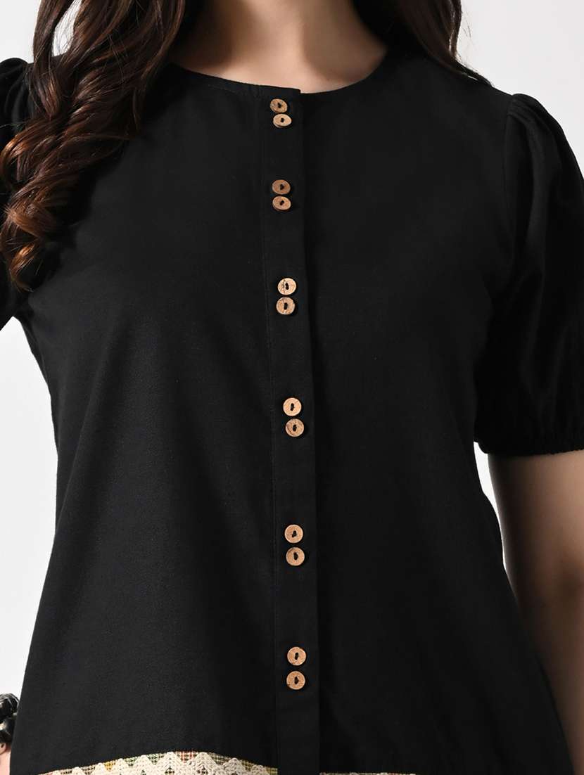 women solid puff sleeves round neck top - 22502615 -  Standard Image - 1