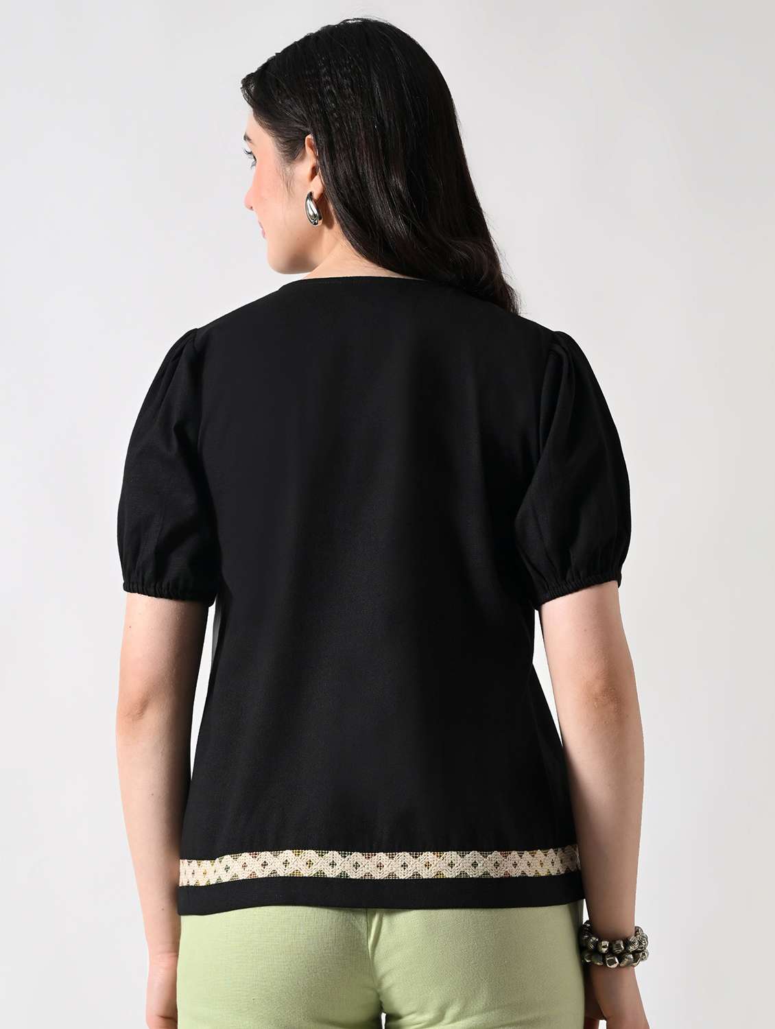 women solid puff sleeves round neck top - 22502615 -  Standard Image - 4
