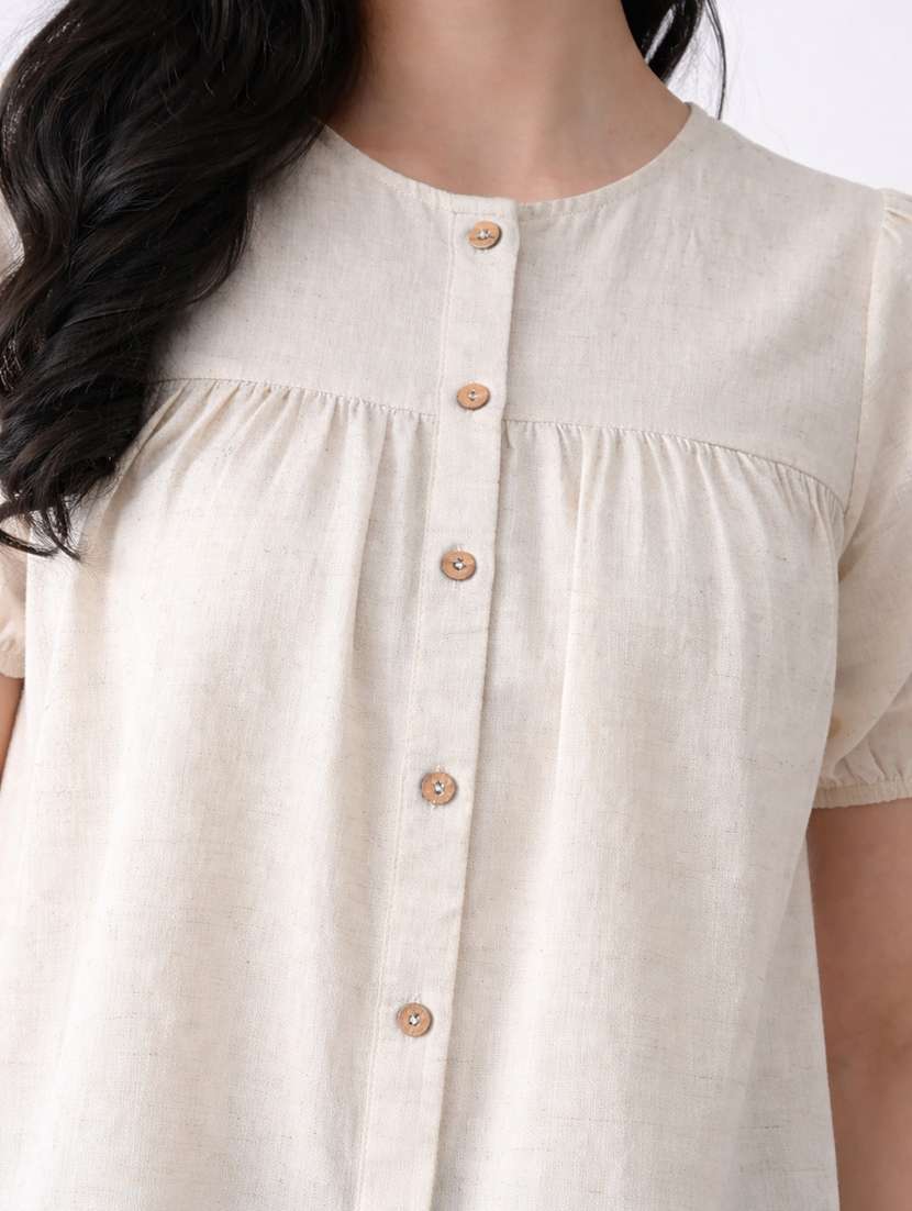 women solid round neck puff sleeves top - 22502617 -  Standard Image - 1