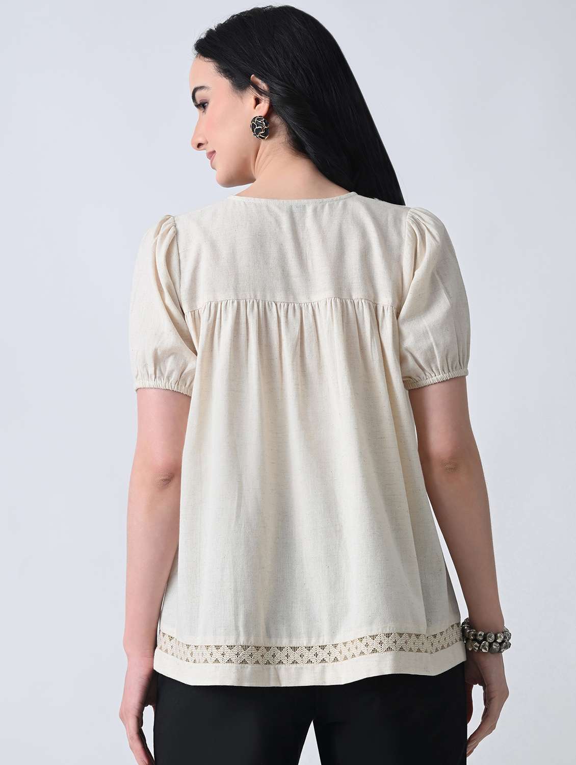 women solid round neck puff sleeves top - 22502617 -  Standard Image - 4