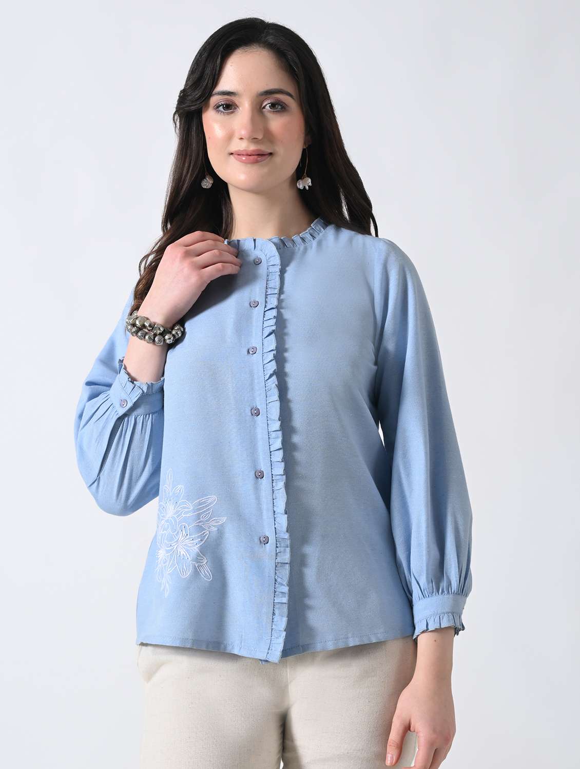 women solid round neck ruffle shirt
