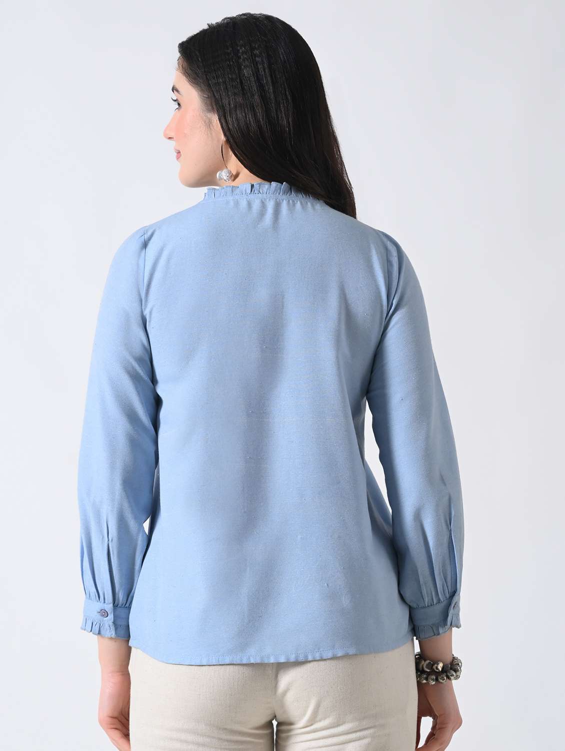 women solid round neck ruffle shirt - 22502620 -  Standard Image - 4