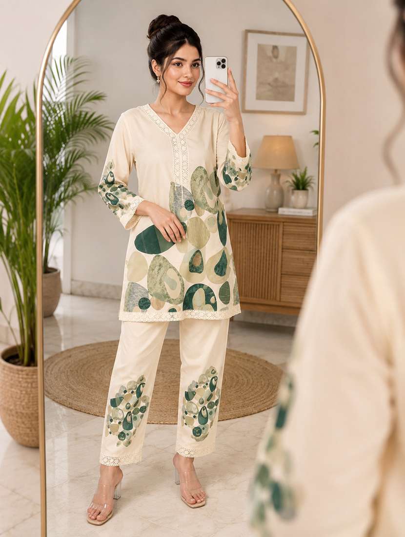 women printed three quarter sleeve ethnic co-ord set - 22502643 -  Standard Image - 1