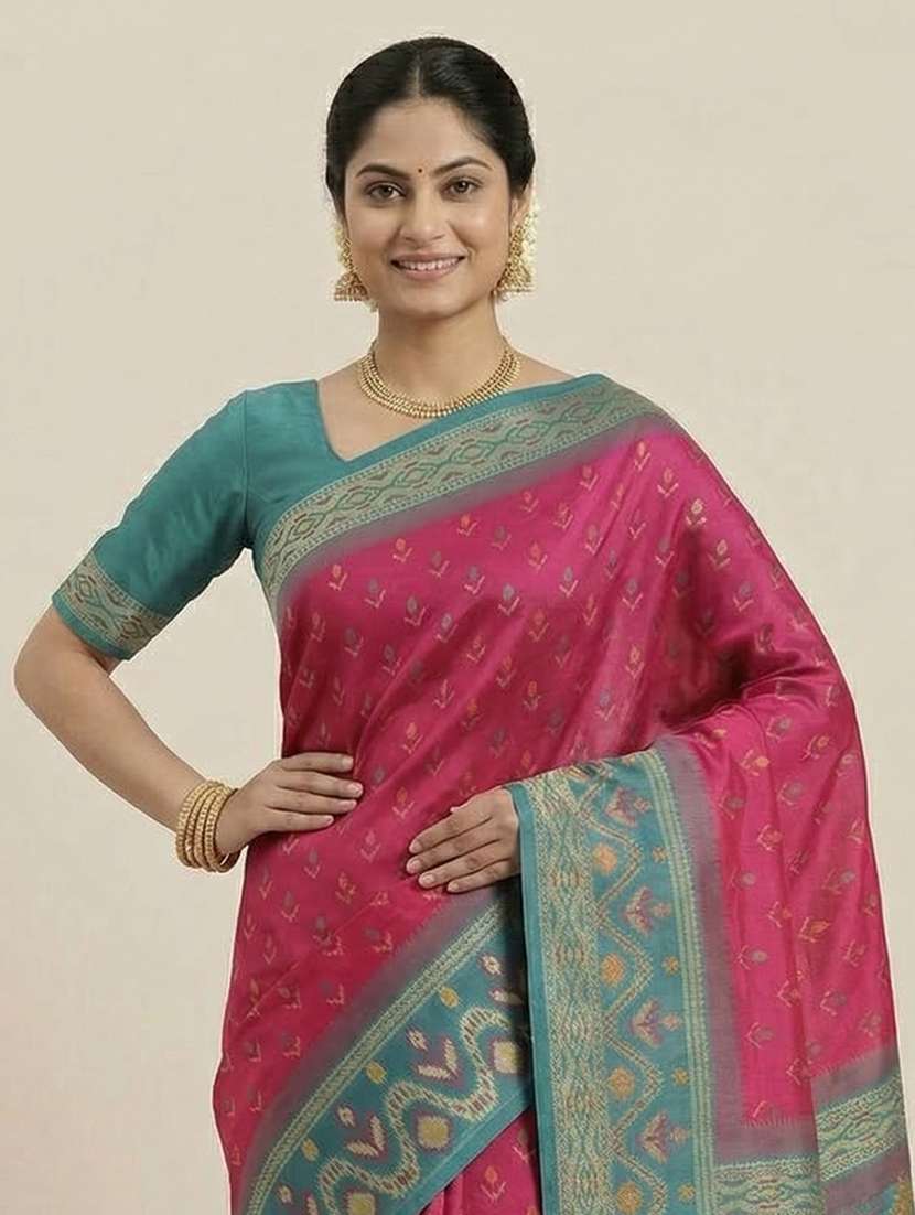 women ikat bodered saree with blouse - 22503096 -  Standard Image - 1