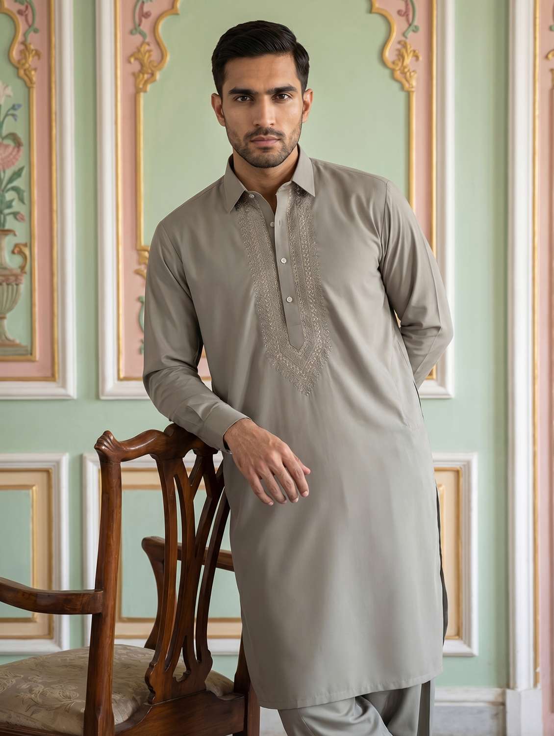 men embroidered long sleeve pathani set