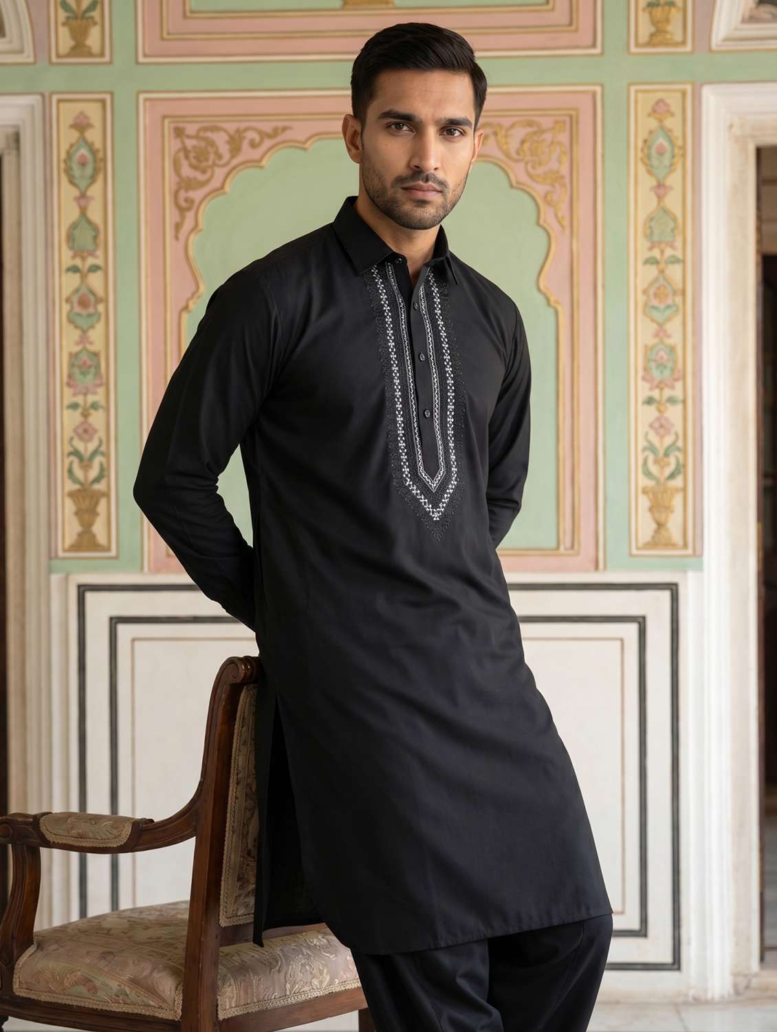 men embroidered long sleeve pathani set