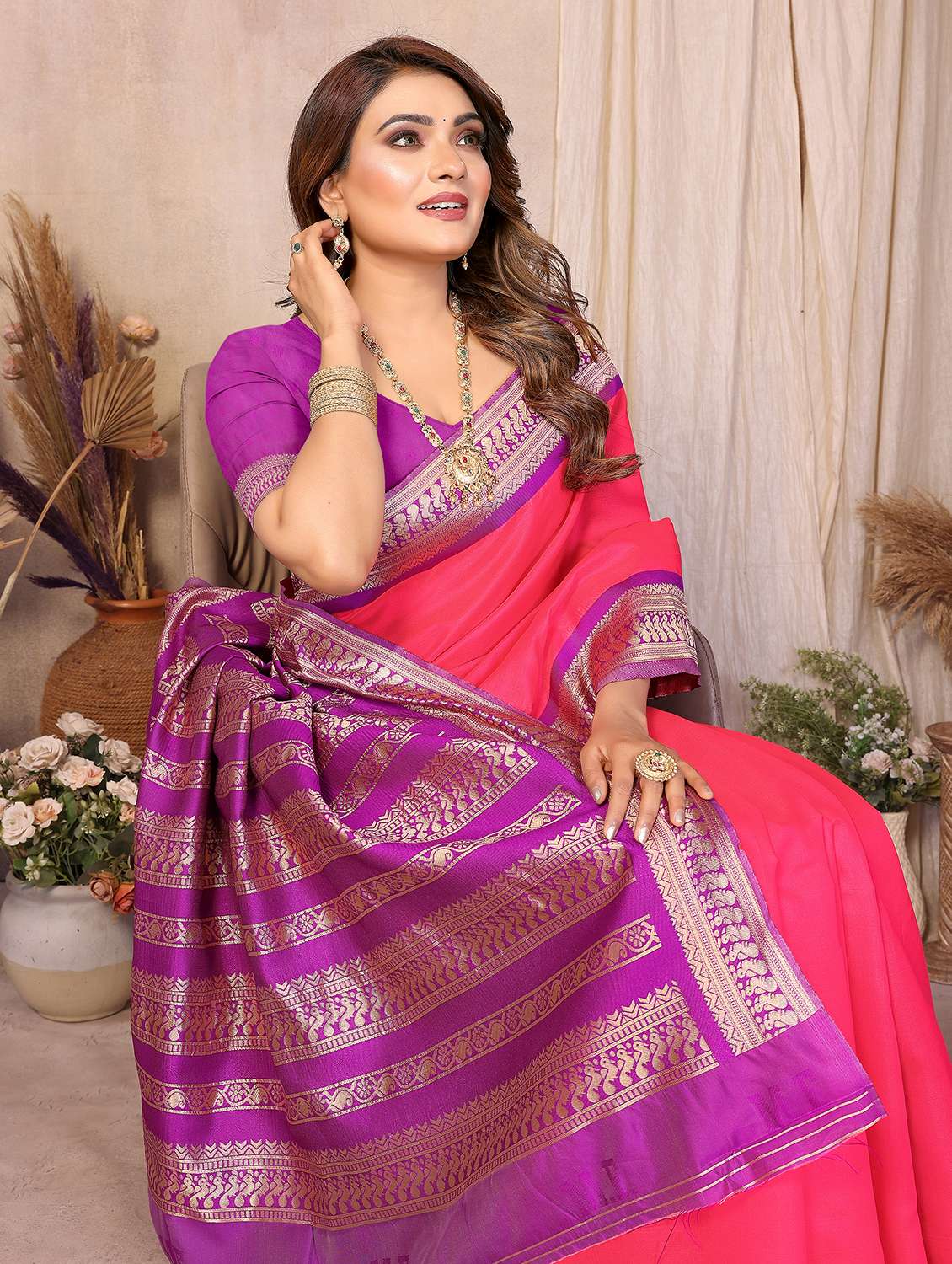 women solid with bordered saree with blouse - 22503209 -  Standard Image - 1