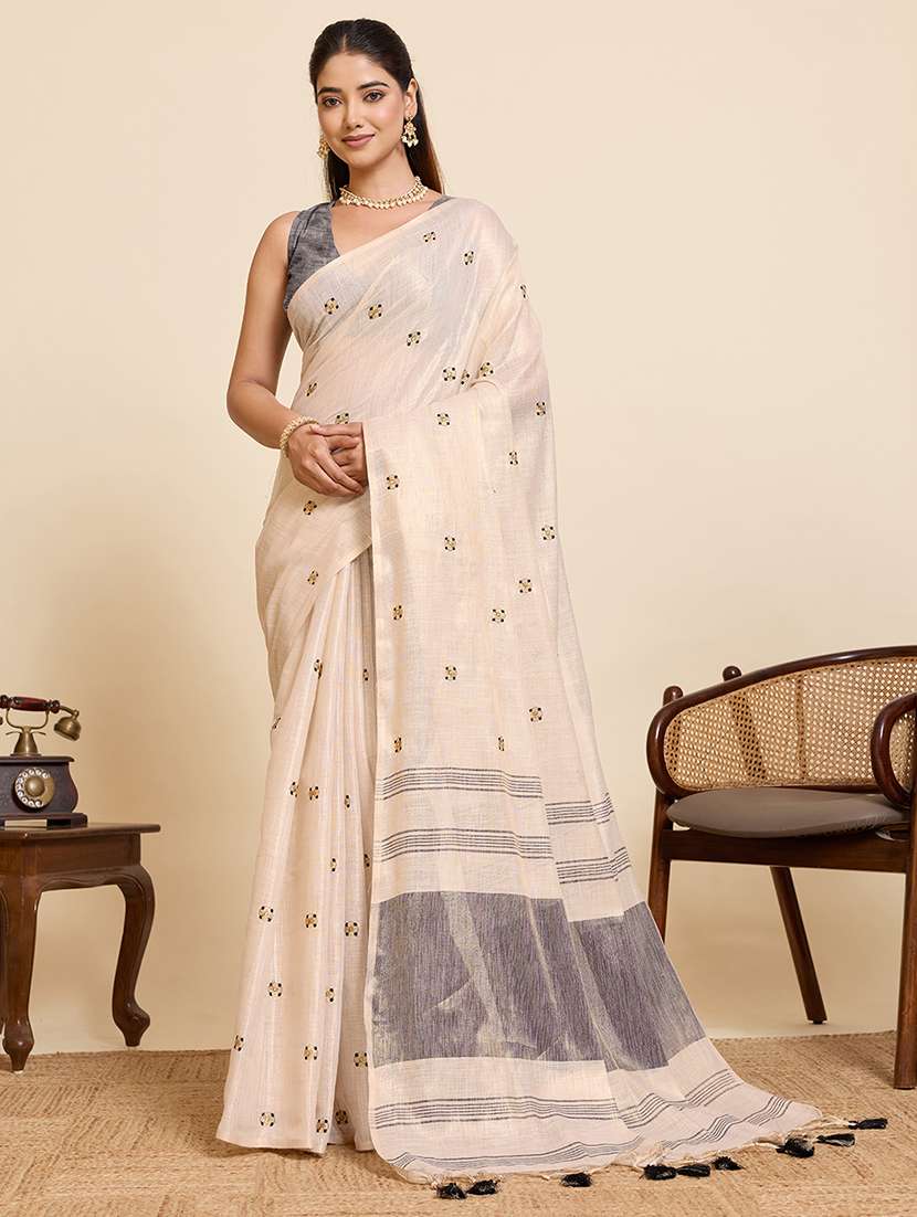 women solid with work embroidered saree with blouse