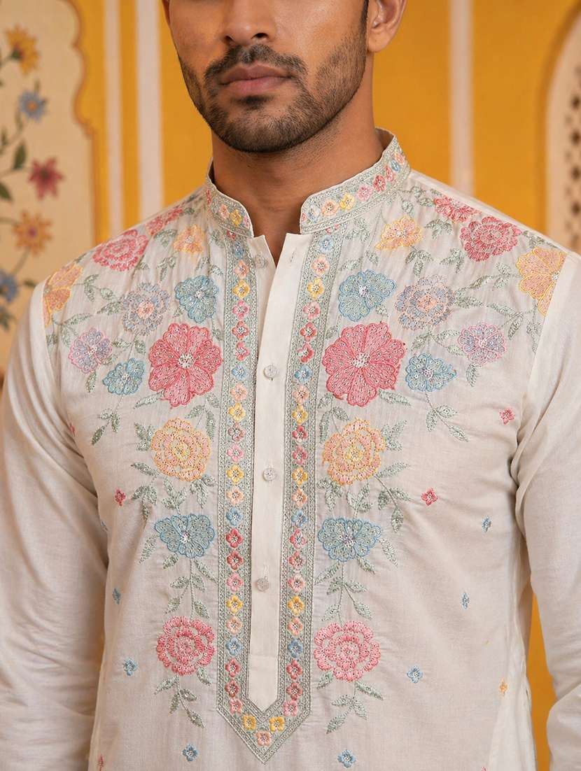 men solid with work mandarin neck long kurta - 22503376 -  Standard Image - 1