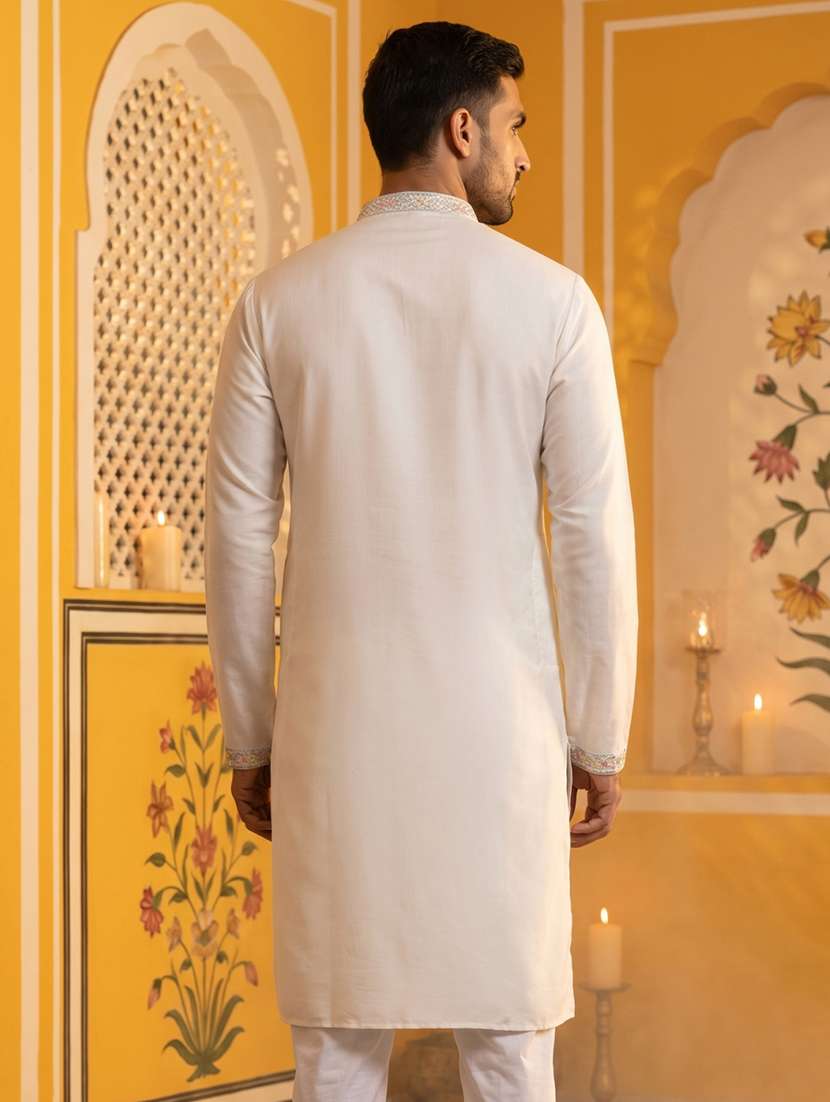 men solid with work mandarin neck long kurta - 22503376 -  Standard Image - 4