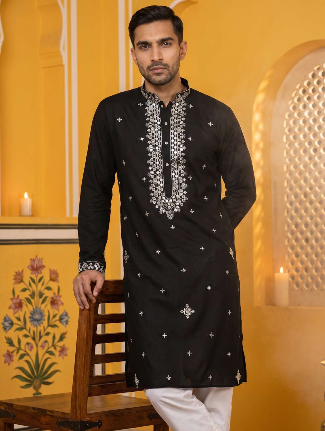 men solid with work mandarin neck long kurta