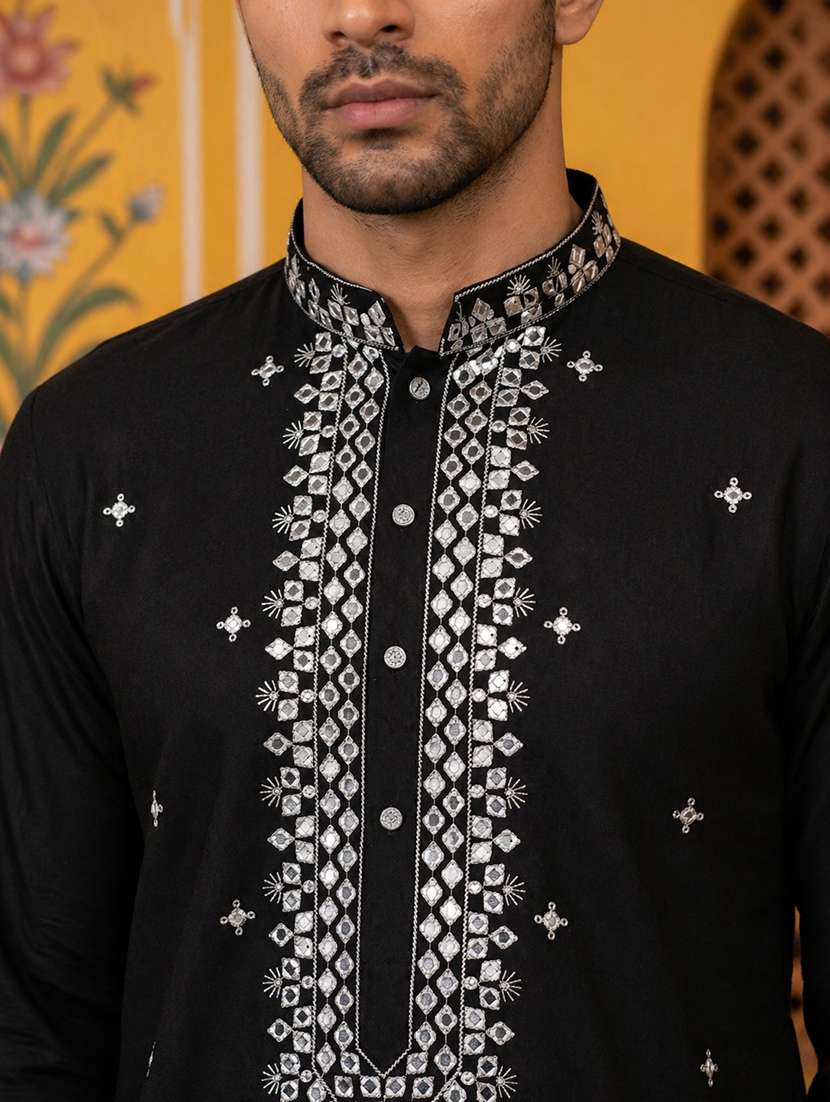 men solid with work mandarin neck long kurta - 22503381 -  Standard Image - 1