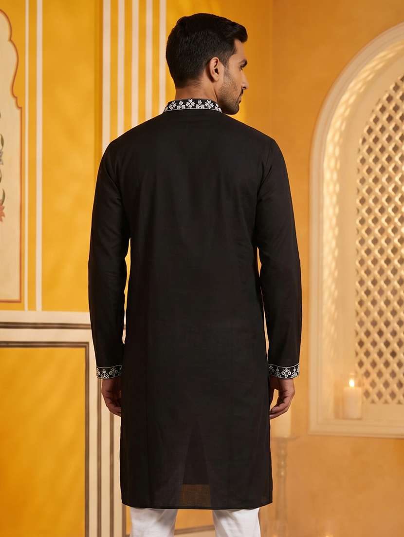 men solid with work mandarin neck long kurta - 22503381 -  Standard Image - 4