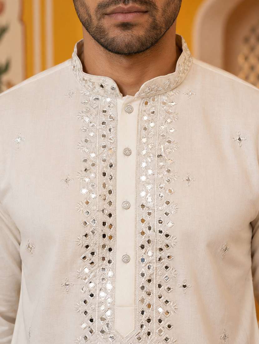 men solid with work mandarin neck long kurta - 22503384 -  Standard Image - 1