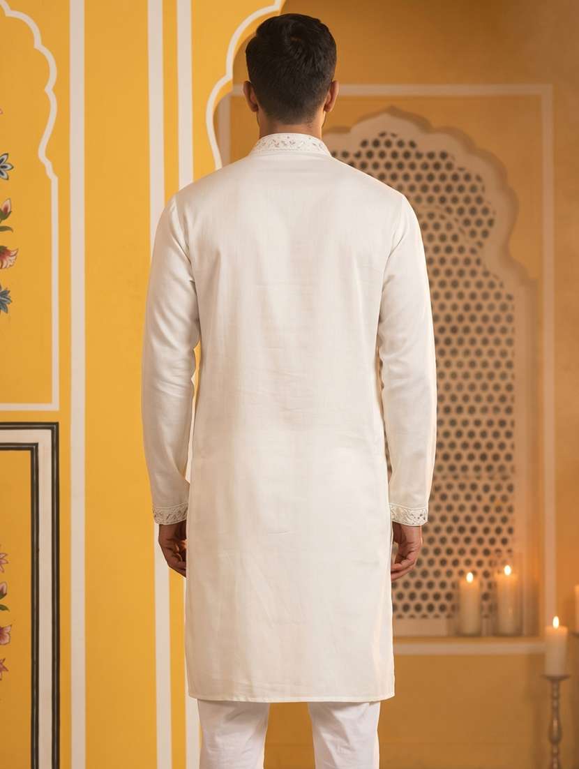 men solid with work mandarin neck long kurta - 22503384 -  Standard Image - 4