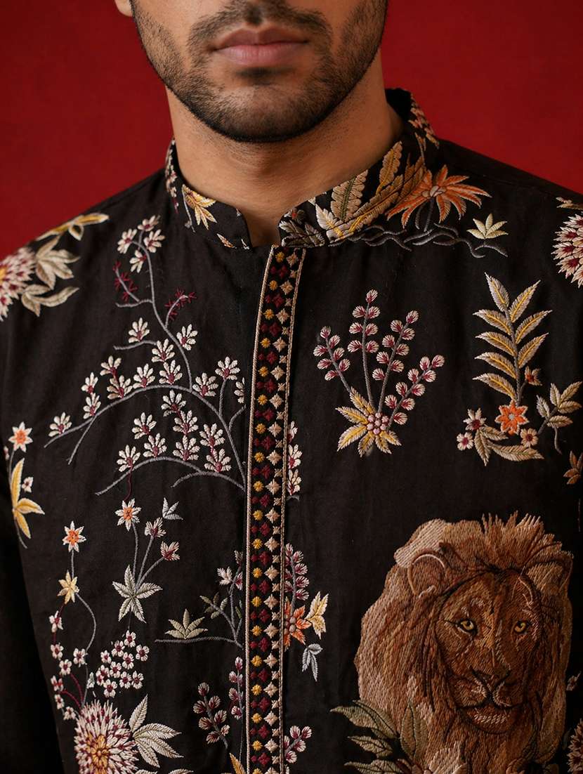 men solid with work mandarin neck long kurta - 22503385 -  Standard Image - 1