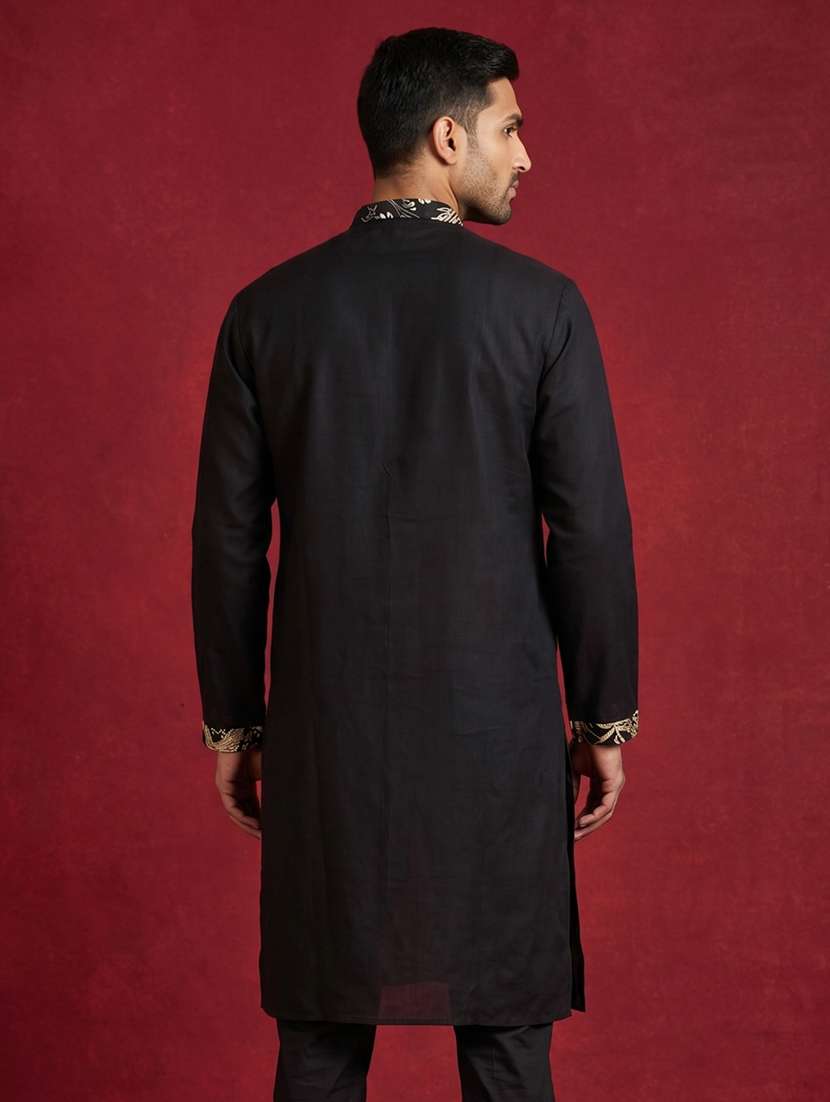 men solid with work mandarin neck long kurta - 22503385 -  Standard Image - 4