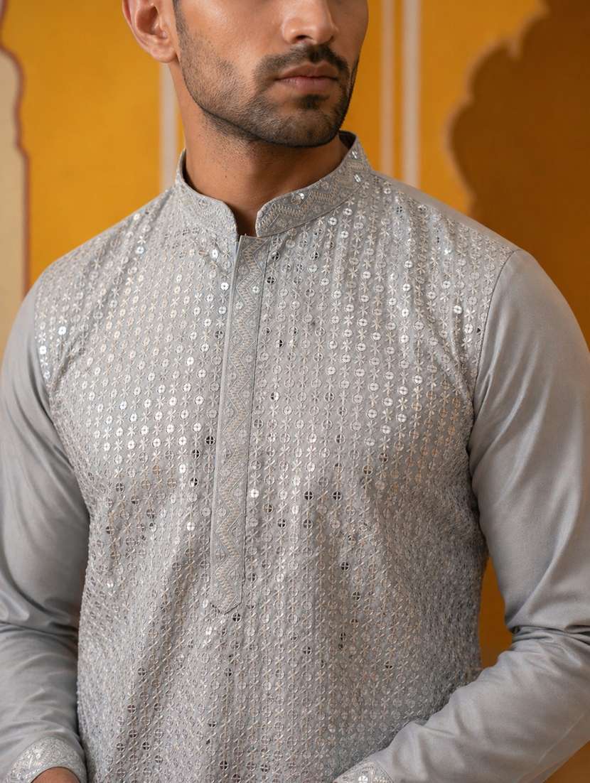 men solid with work mandarin neck long kurta - 22503390 -  Standard Image - 1
