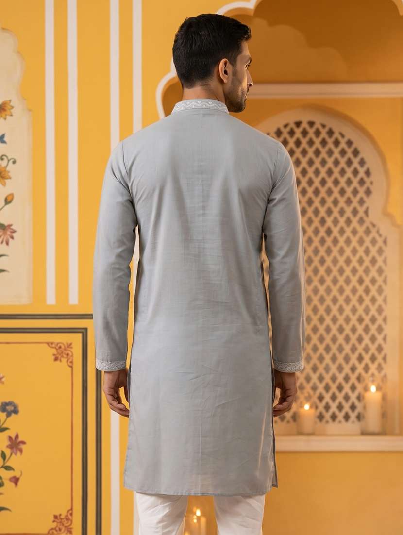 men solid with work mandarin neck long kurta - 22503390 -  Standard Image - 4