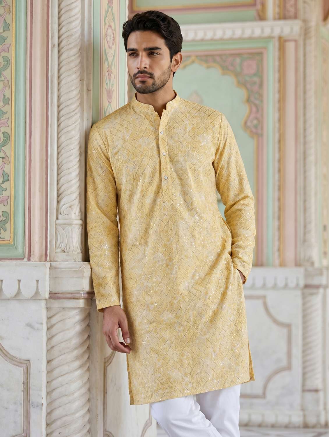 men solid with work mandarin neck long kurta