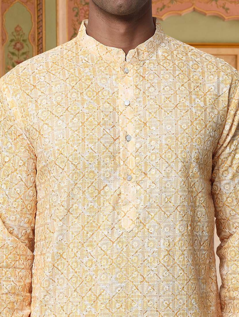 men solid with work mandarin neck long kurta - 22503392 -  Standard Image - 1