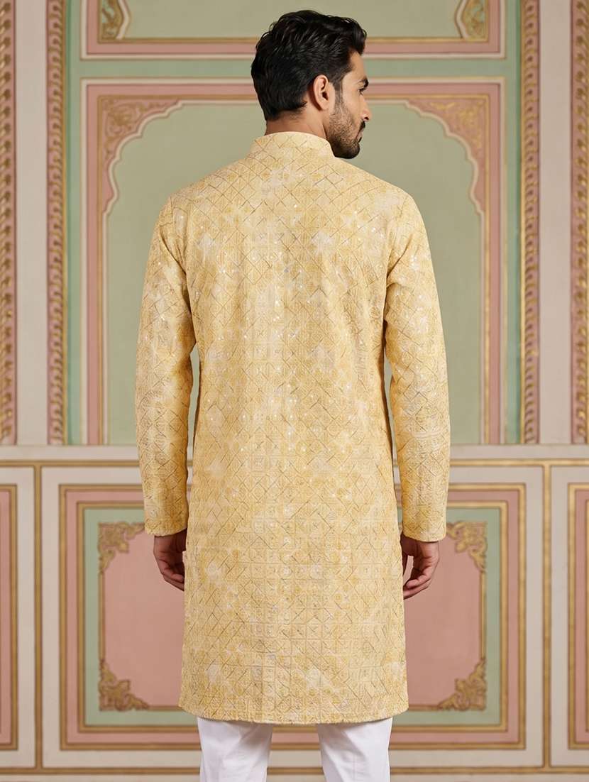 men solid with work mandarin neck long kurta - 22503392 -  Standard Image - 4