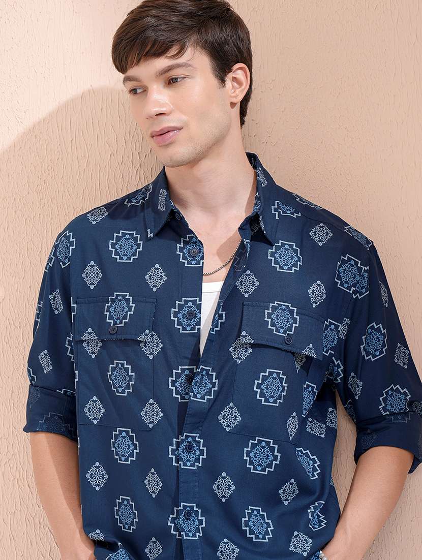 men printed long sleeve oversized casual shirt