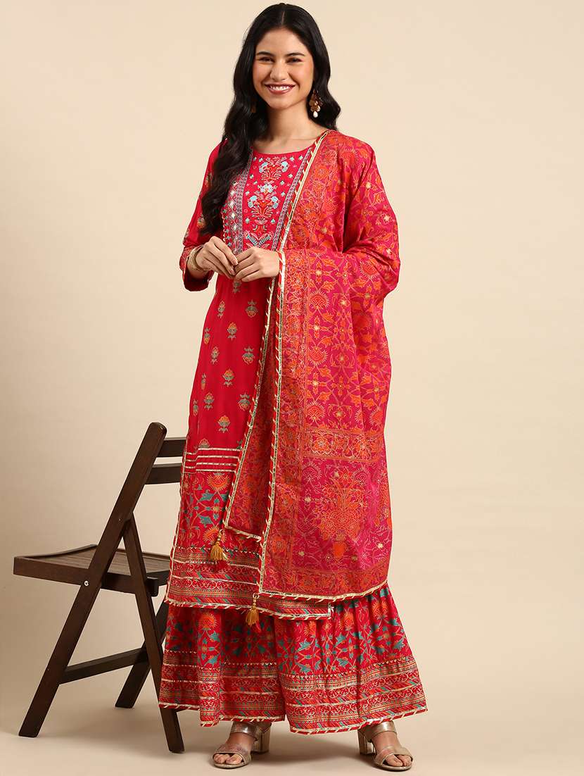 women printed round neck kurta and sharara set with dupatta
